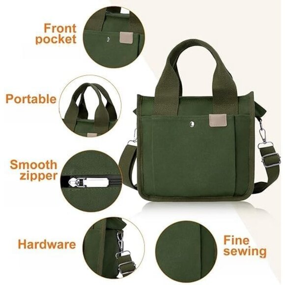 Green Canvas Tote Bag for Women Large Capacity Casual Crossbody Handbag - Picture 6 of 6